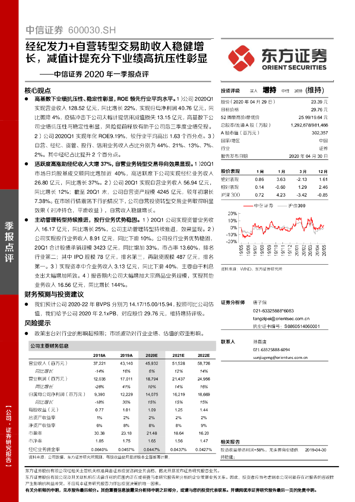 东方证券：中信证券2020年一季报点评：经纪发力+自营转型交易助收入稳健增长，减值计提充分下业绩高抗压性彰显