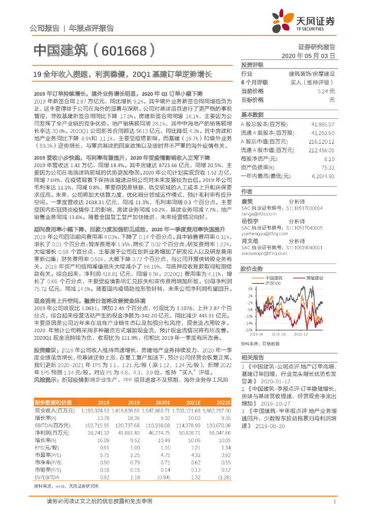 天风证券：中国建筑（601668）-19全年收入提速，利润稳健，20Q1基建订单逆势增长