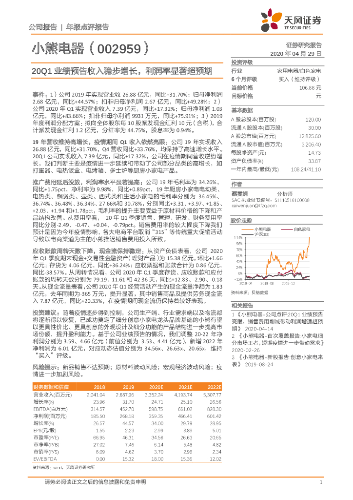 天风证券：小熊电器（002959）-20Q1业绩预告收入稳步增长，利润率显著超预期