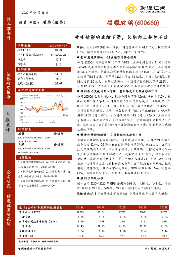 财通证券：福耀玻璃（600660）-受疫情影响业绩下滑，长期向上趋势不改