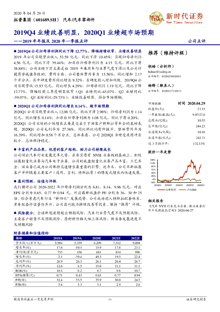 新时代证券：拓普集团（601689）-2019年年报及2020年一季报点评：2019Q4业绩改善明显，2020Q1业绩超市场预期