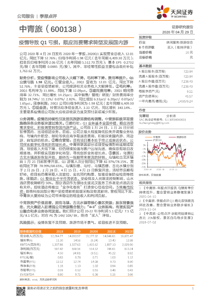 天风证券：中青旅（600138）-疫情导致Q1亏损，顺应消费需求转型发展国内游