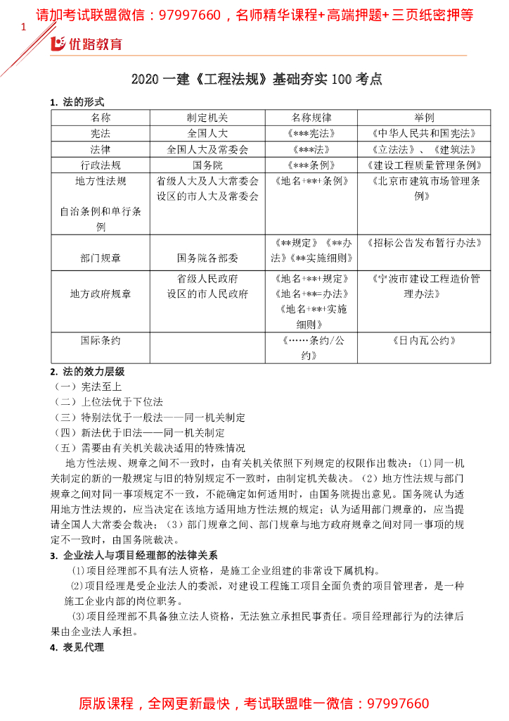 2020一级建造师工程法规基础夯实100考点