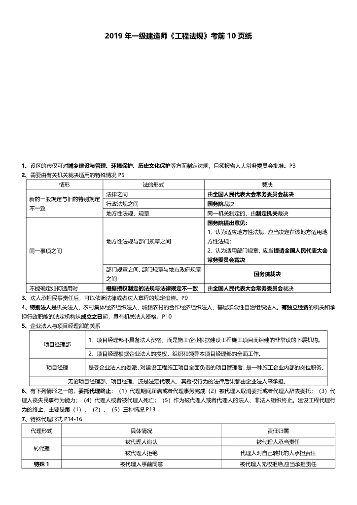 2019年一级建造师《工程法规》考前10页纸