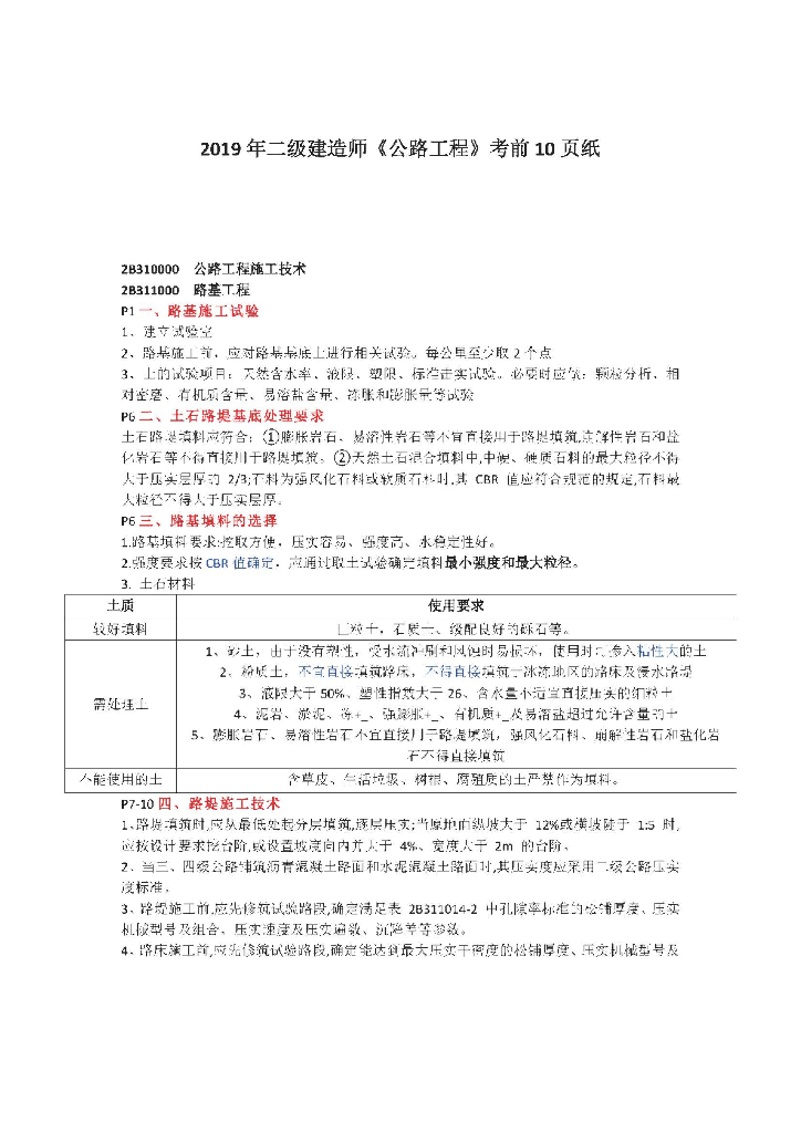 2019二级建造师《公路工程》考前10页纸