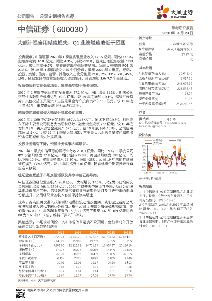 天风证券：中信证券（600030）-大额计提信用减值损失，Q1业绩增速略低于预期