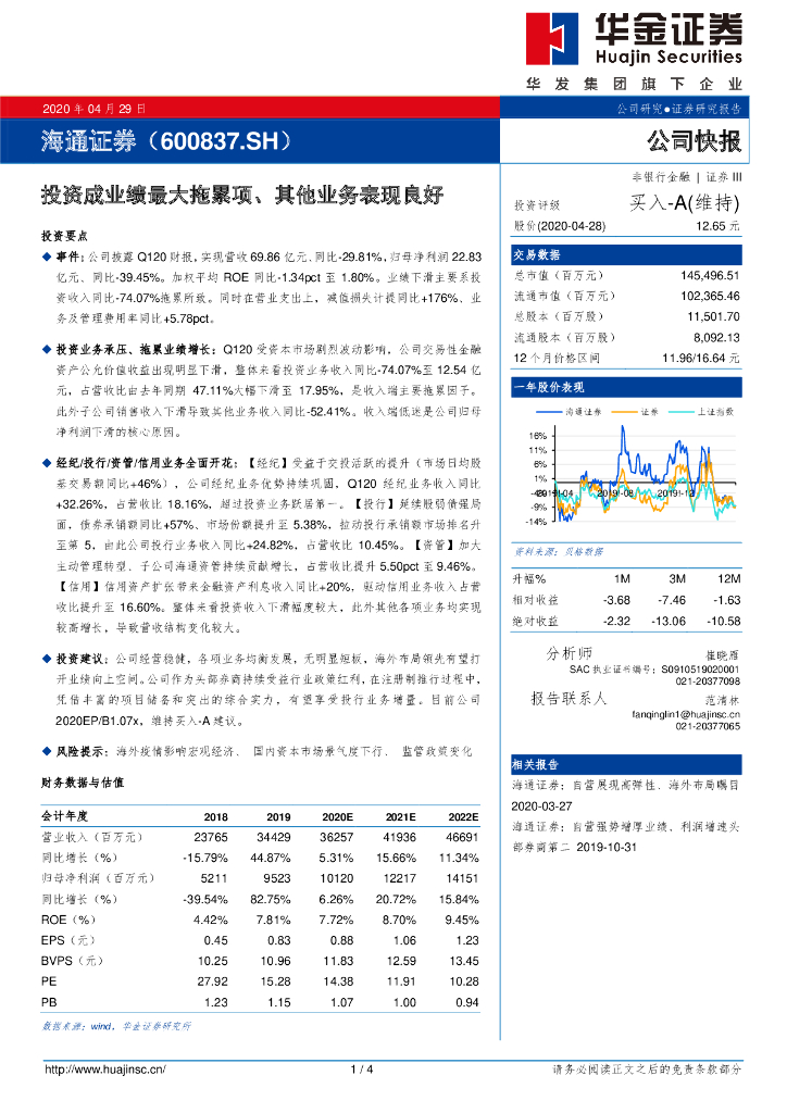 华金证券：海通证券（600837）-投资成业绩最大拖累项、其他业务表现良好