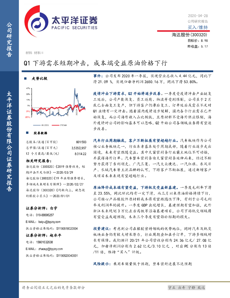 太平洋证券：海达股份（300320）-Q1下游需求短期冲击，成本端受益原油价格下行