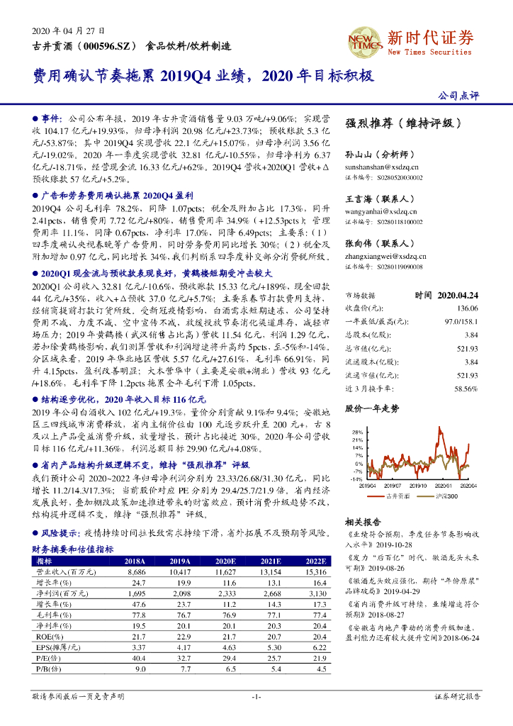 新时代证券：古井贡酒（000596）-费用确认节奏拖累2019Q4业绩，2020年目标积极