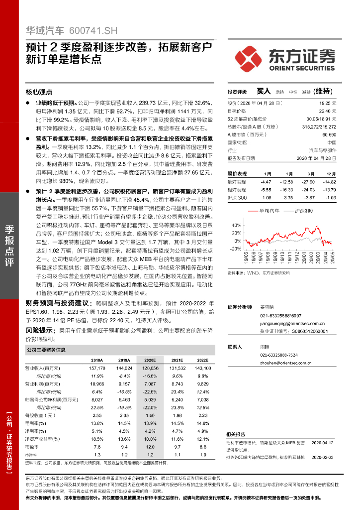 东方证券：华域汽车（600741）-预计2季度盈利逐步改善，拓展新客户新订单是增长点