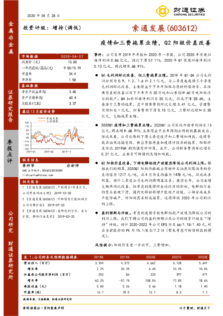 财通证券：索通发展（603612）-疫情和三费拖累业绩，Q2阳极价差改善