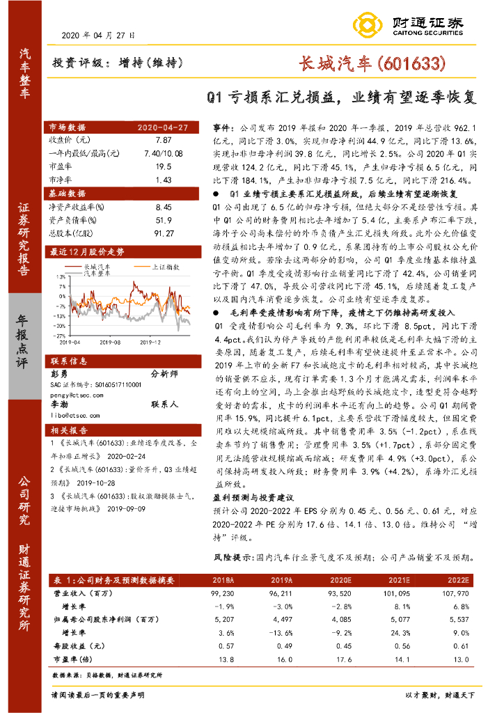 财通证券：长城汽车（601633）-Q1亏损系汇兑损益，业绩有望逐季恢复
