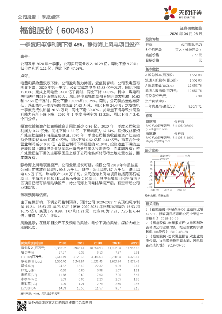 天风证券：福能股份（600483）-一季度归母净利润下滑 48%，静待海上风电项目投产