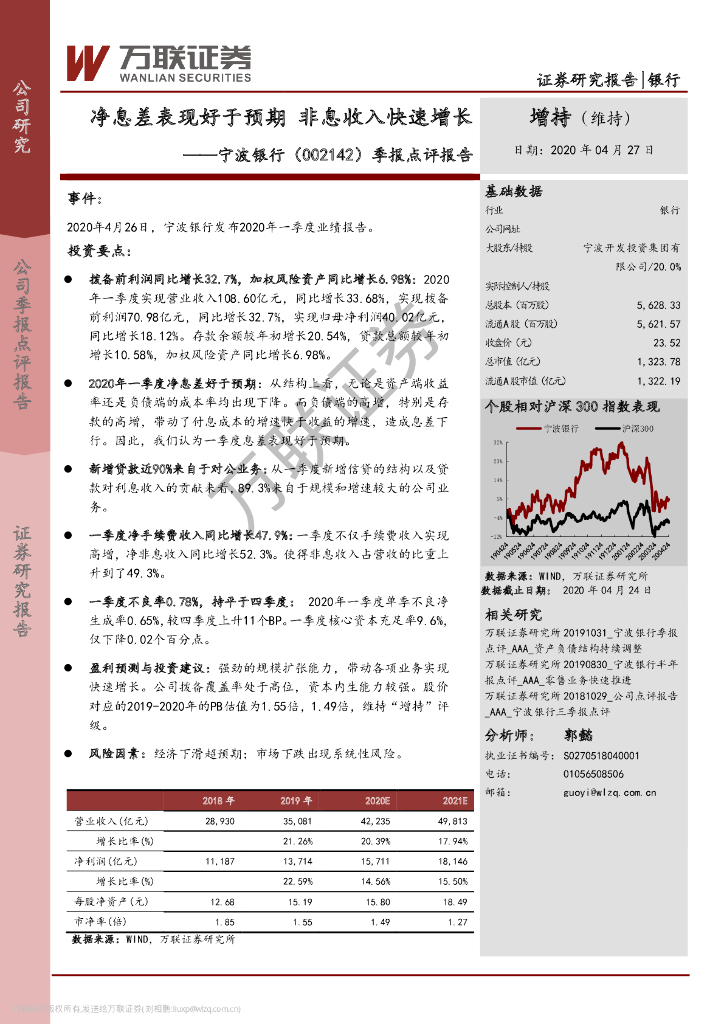 万联证券：宁波银行（002142）-季报点评报告：净息差表现好于预期 非息收入快速增长