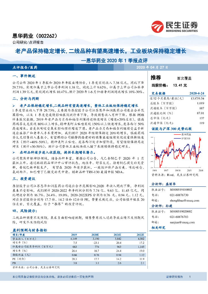 民生证券：恩华药业2020年1季报点评：老产品保持稳定增长，二线品种有望高速增长，工业板块保持稳定增长