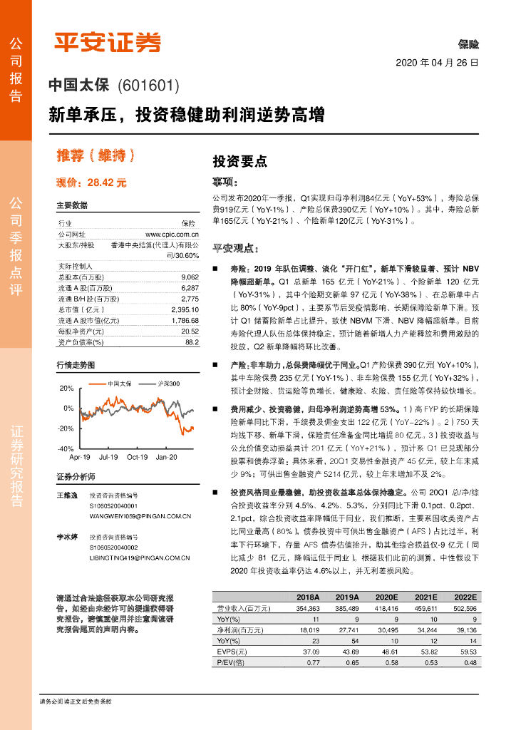 平安证券：中国太保（601601）-新单承压，投资稳健助利润逆势高增