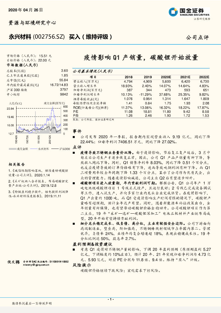 国金证券：永兴材料（002756）-疫情影响Q1产销量，碳酸锂开始放量