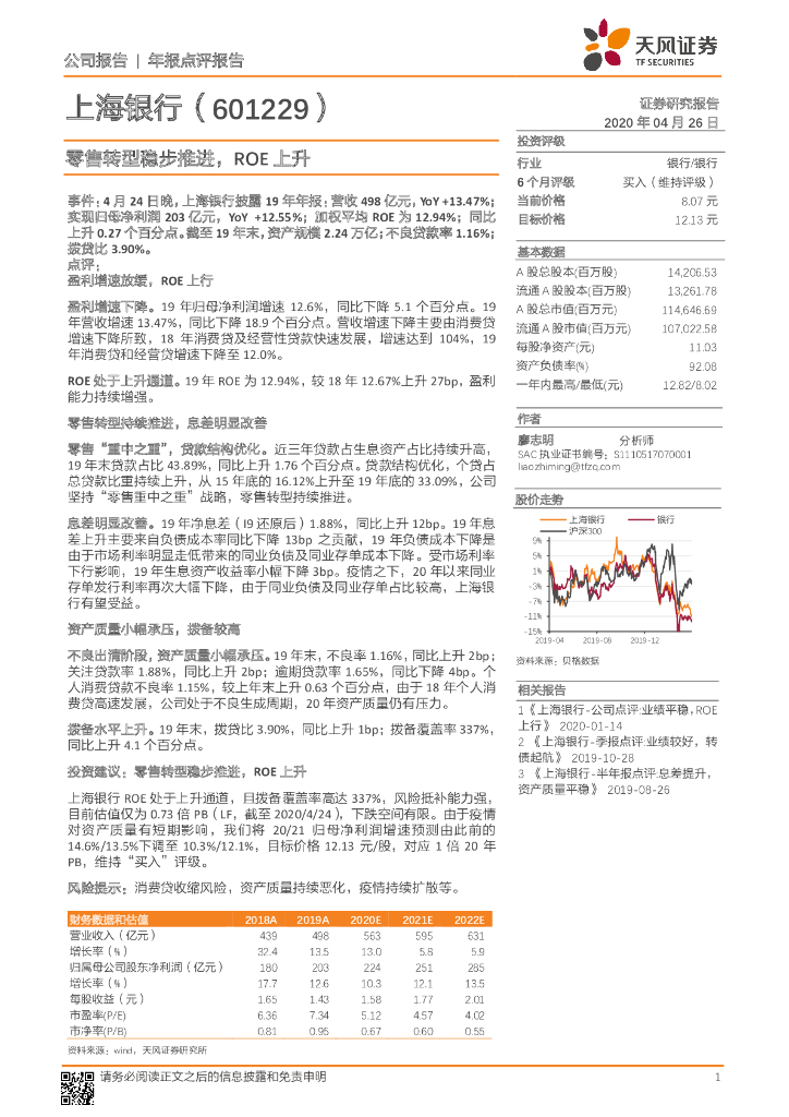 天风证券：上海银行（601229）-零售转型稳步推进，ROE上升
