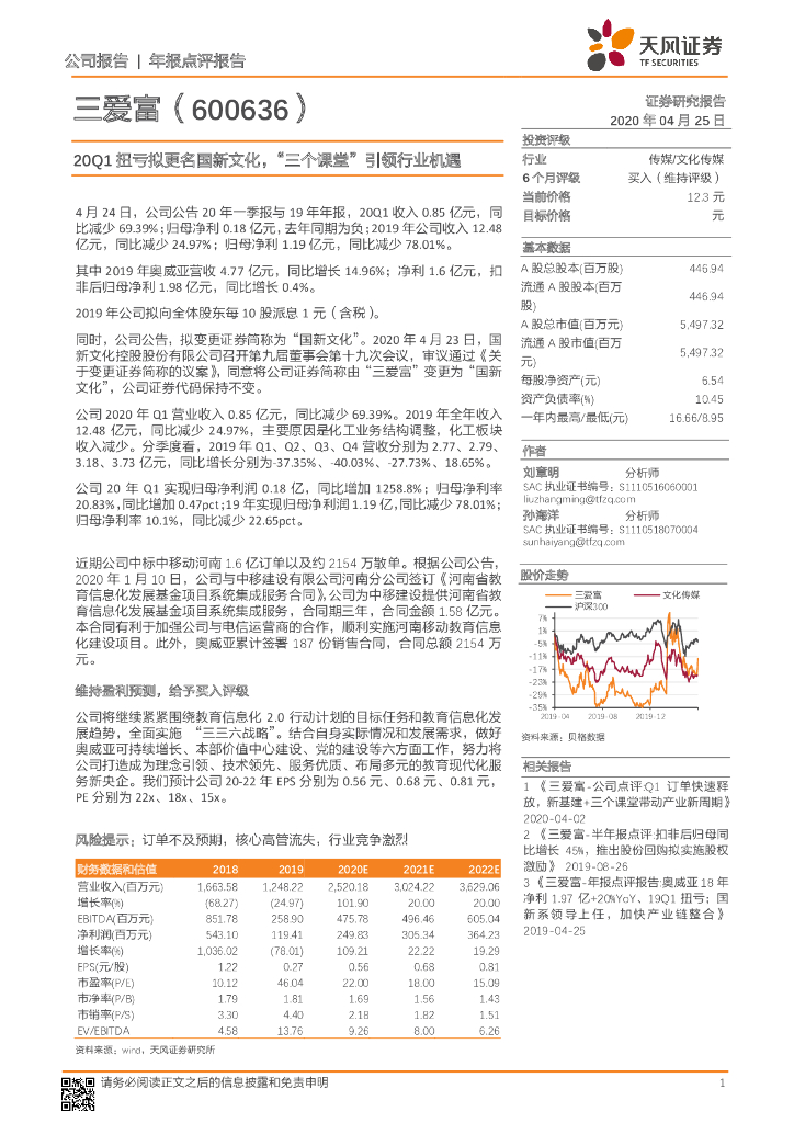 天风证券：三爱富（600636）-20Q1扭亏拟更名国新文化，“三个课堂”引领行业机遇