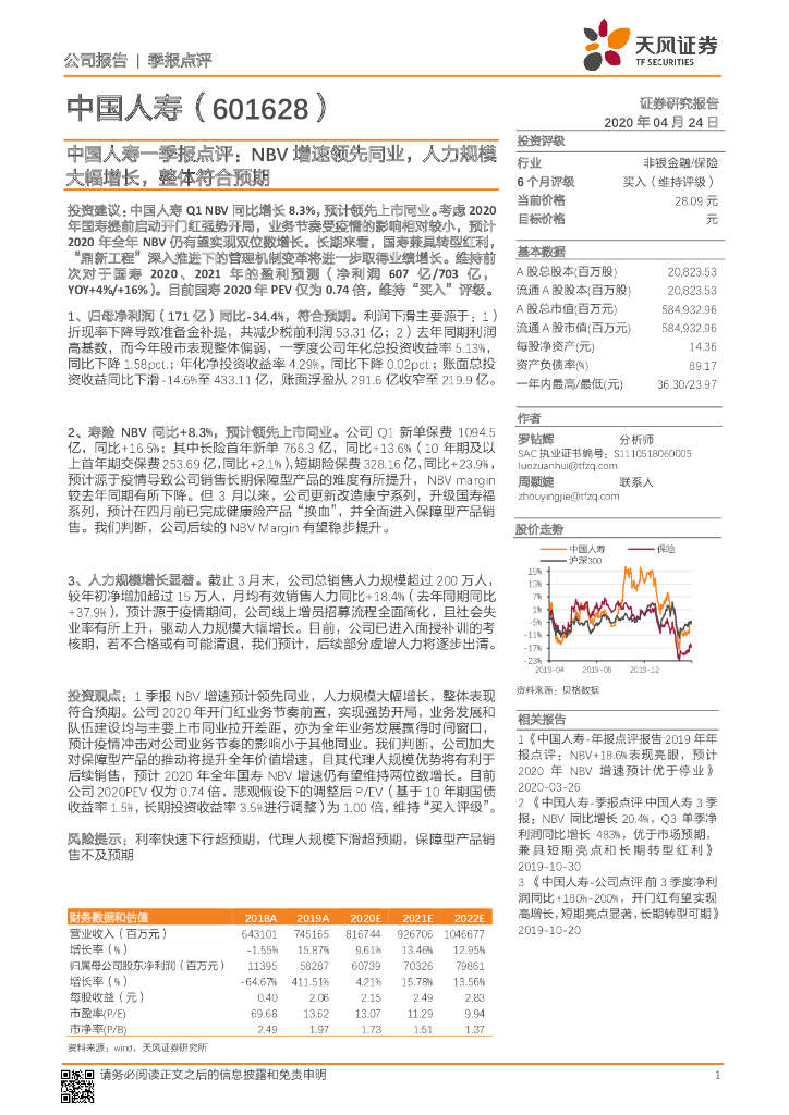 天风证券：中国人寿一季报点评：NBV增速领先同业，人力规模大幅增长，整体符合预期