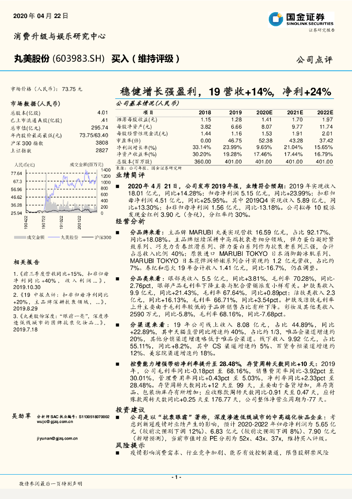 国金证券：丸美股份（603983）-稳健增长强盈利，19营收+14%，净利+24%