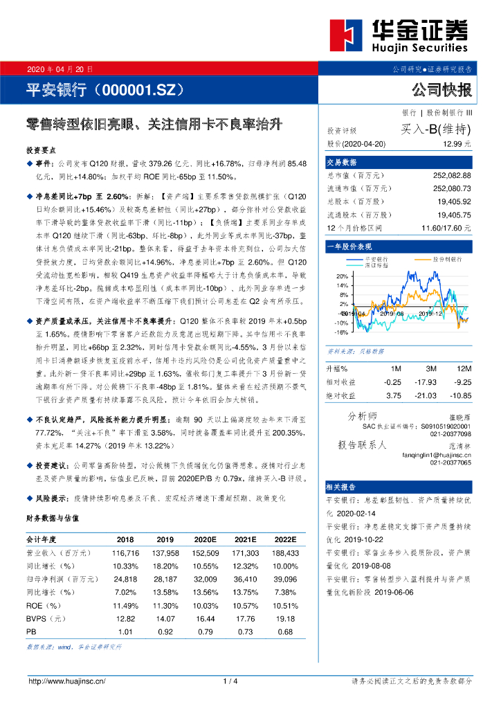 华金证券：平安银行（000001）-零售转型依旧亮眼、关注信用卡不良率抬升