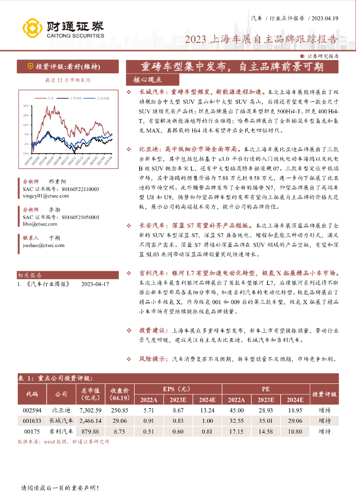 财通证券：2023上海车展自主品牌跟踪报告：重磅车型集中发布，自主品牌前景可期 海报