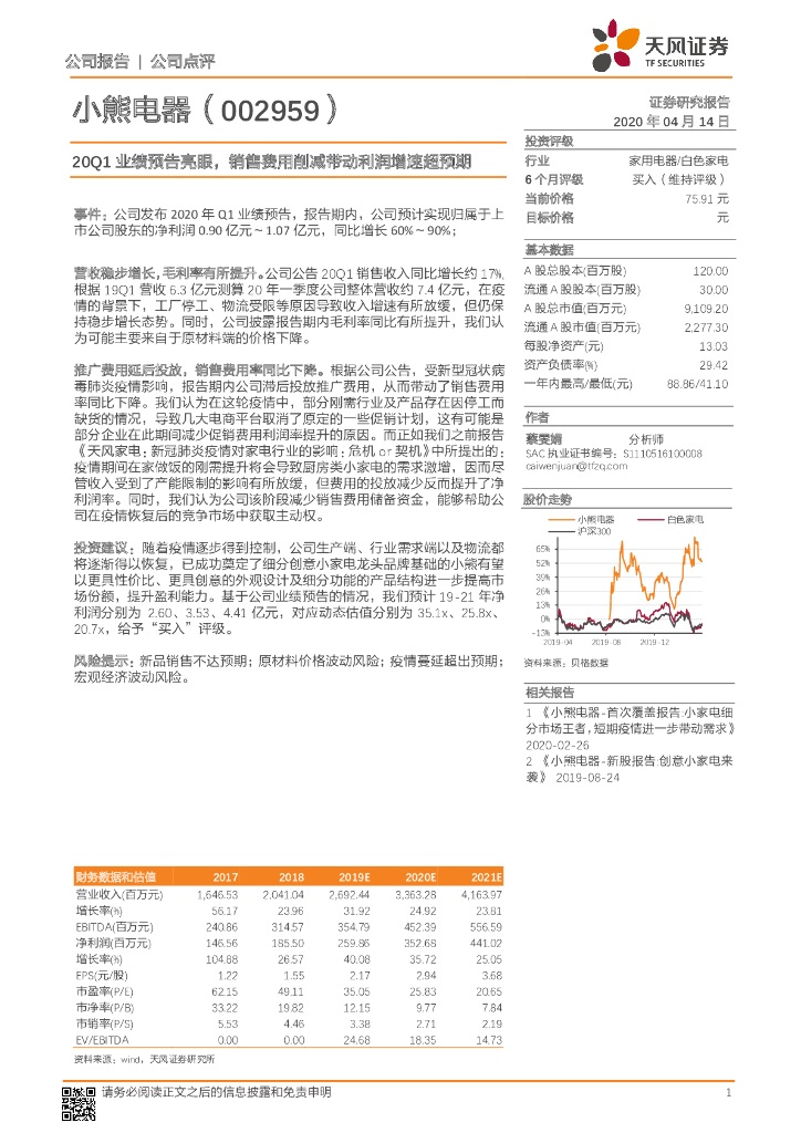 天风证券：小熊电器（002959）-20Q1业绩预告亮眼，销售费用削减带动利润增速超预期