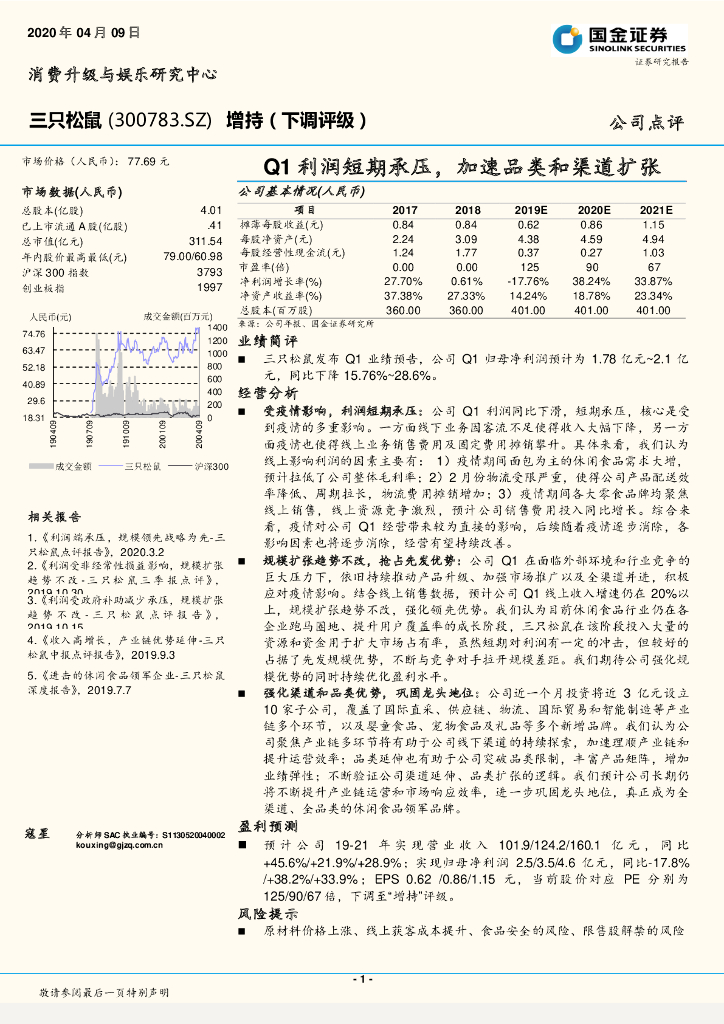 国金证券：三只松鼠（300783）-Q1利润短期承压，加速品类和渠道扩张