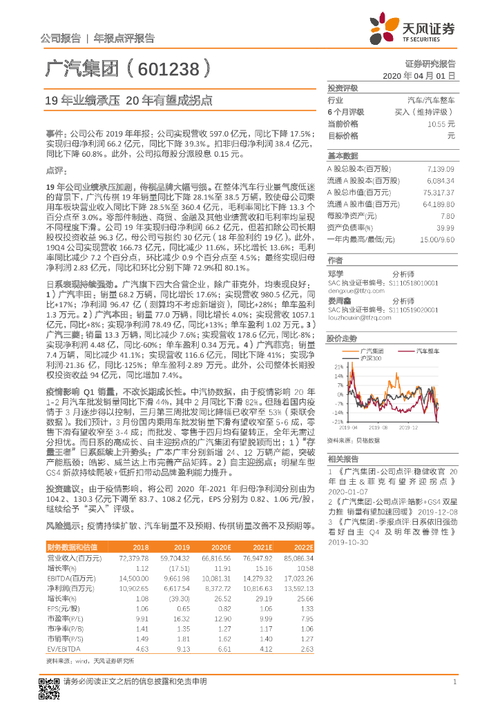 天风证券：广汽集团（601238）-19年业绩承压 20年有望成拐点