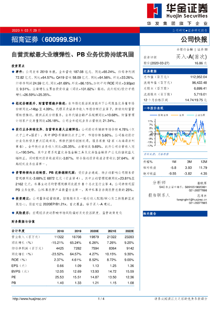 华金证券：招商证券（600999）-自营贡献最大业绩弹性、PB业务优势持续巩固