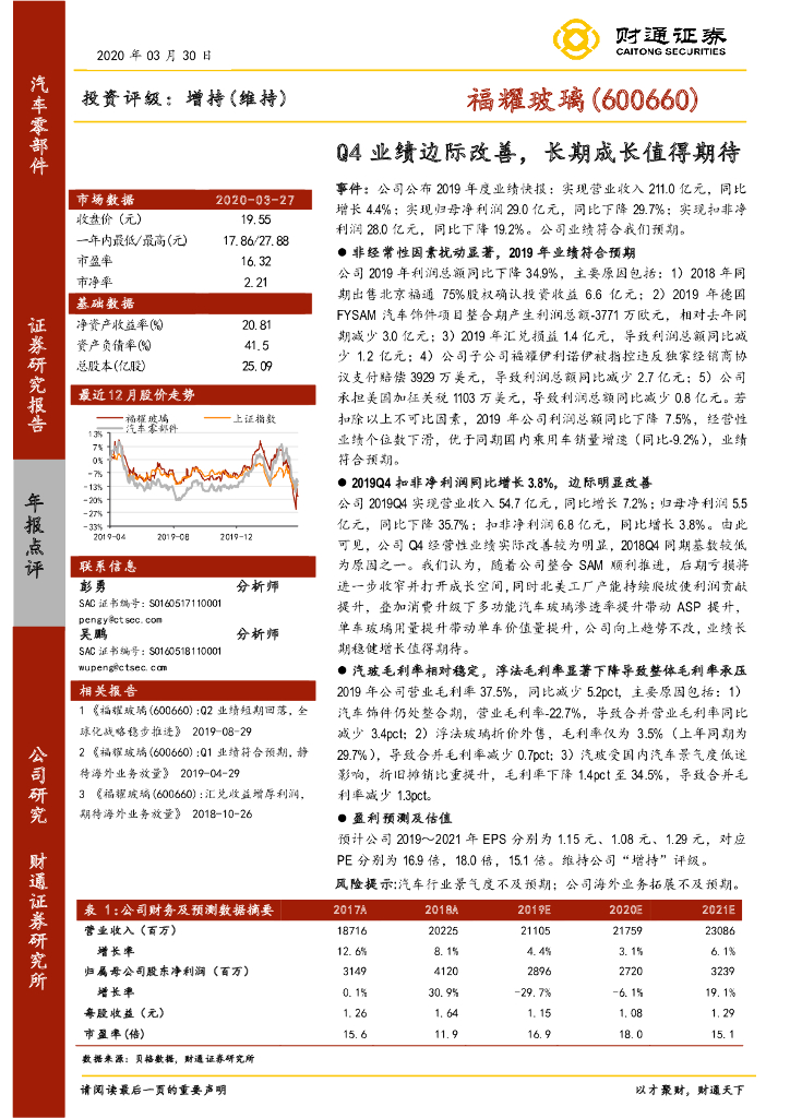 财通证券：福耀玻璃（600660）-Q4业绩边际改善，长期成长值得期待