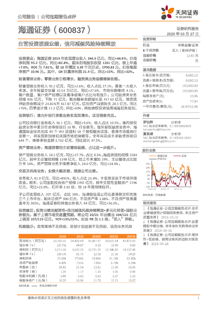 天风证券：海通证券（600837）-自营投资提振业绩，信用减值风险持续释放