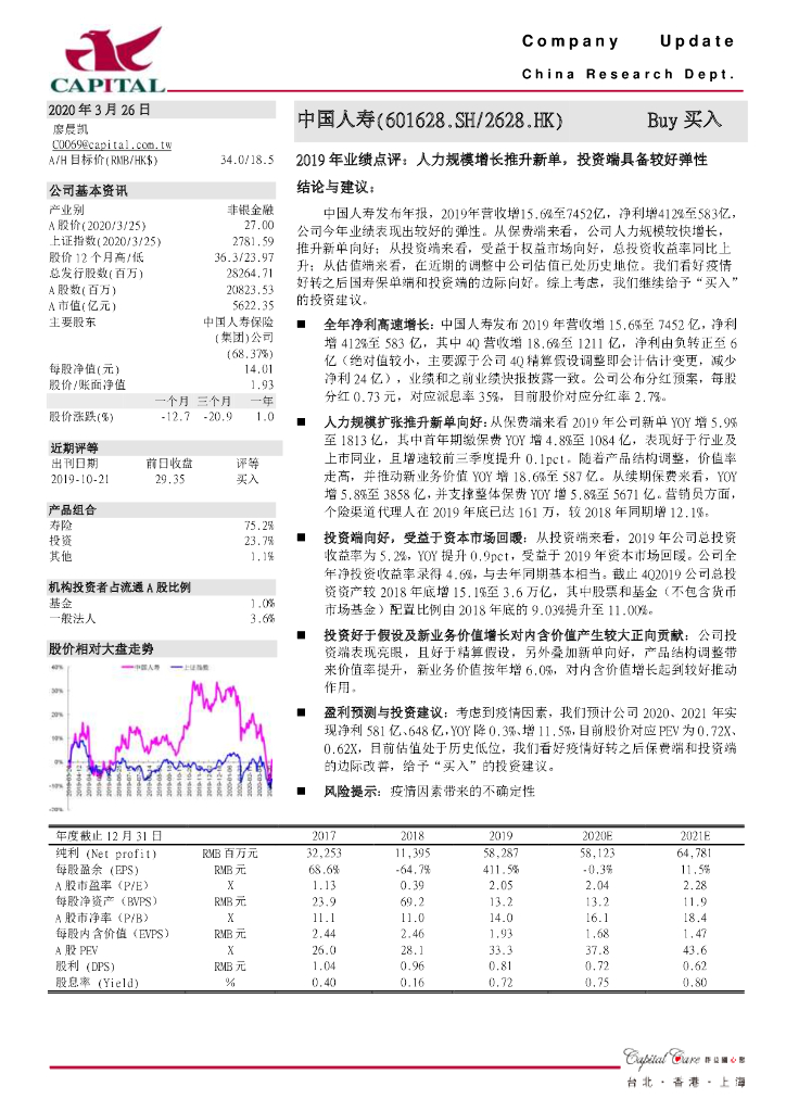 群益证券：中国人寿（601628）-2019年业绩点评：人力规模增长推升新单，投资端具备较好弹性