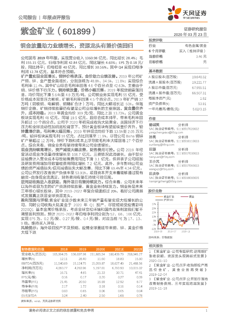 天风证券：紫金矿业（601899）-铜金放量助力业绩增长，资源龙头有望价值回归