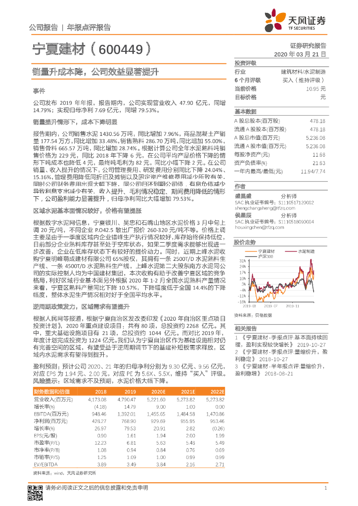 天风证券：宁夏建材（600449）-销量升成本降，公司效益显著提升
