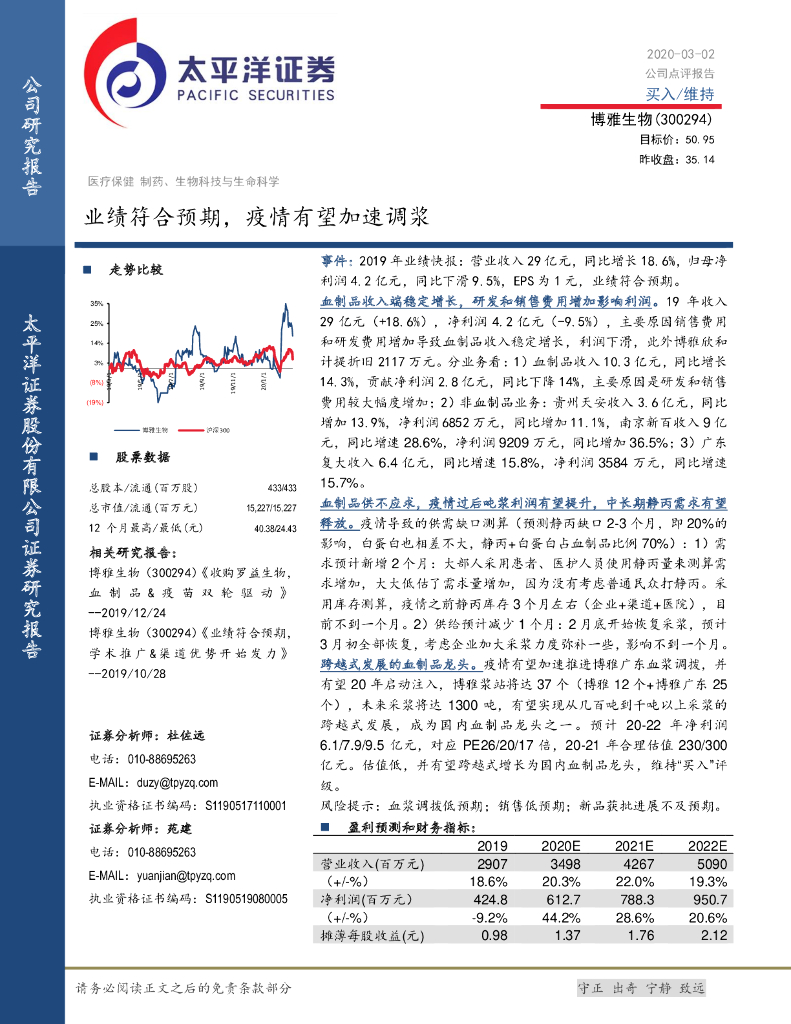 太平洋证券：博雅生物（300294）-业绩符合预期，疫情有望加速调浆