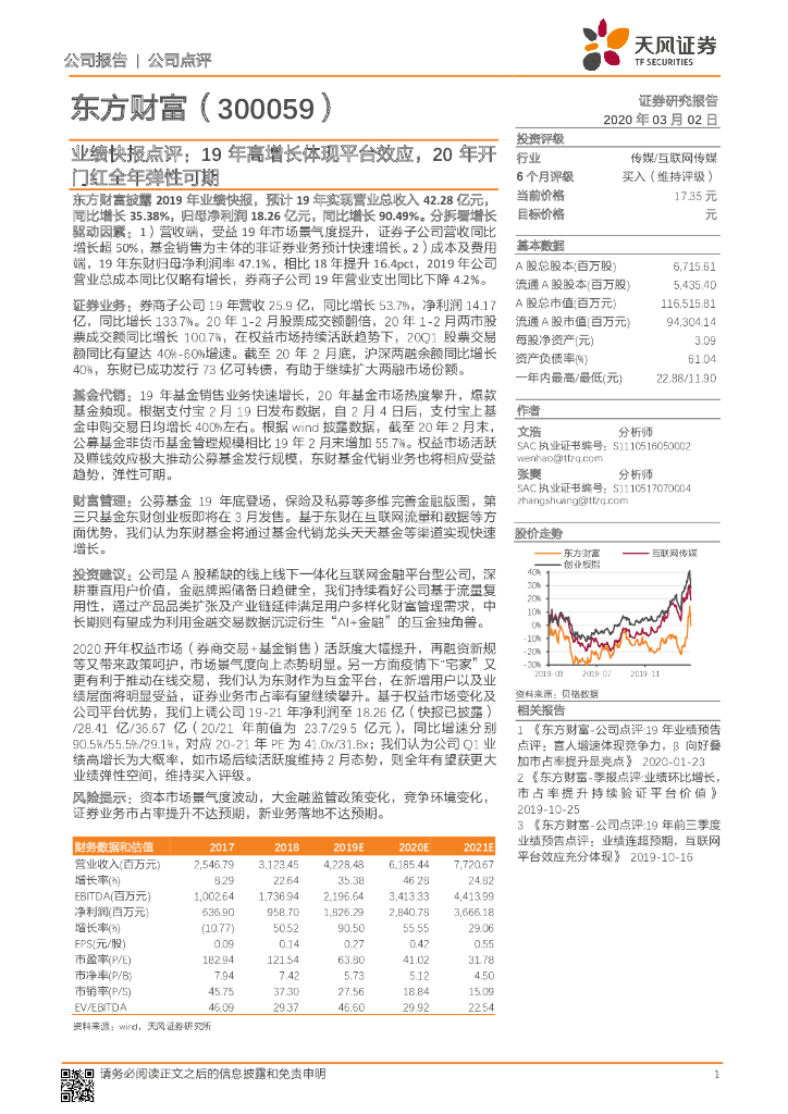 天风证券：东方财富（300059）-业绩快报点评：19年高增长体现平台效应，20年开门红全年弹性可期