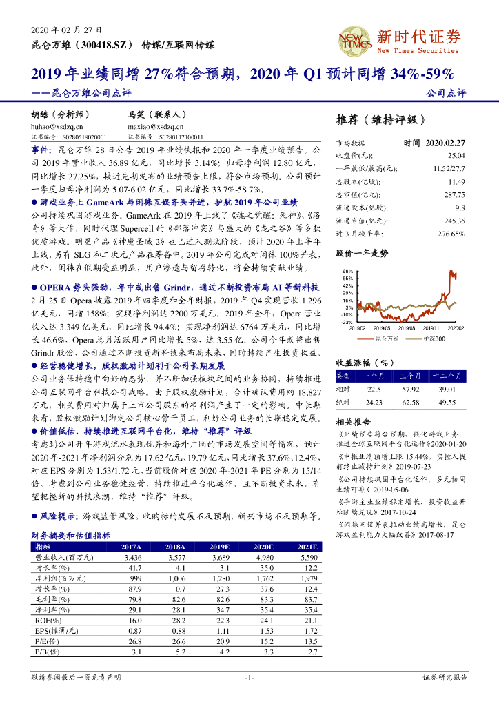 新时代证券：昆仑万维（300418）-2019年业绩同增27%符合预期，2020年Q1预计同增34%-59%