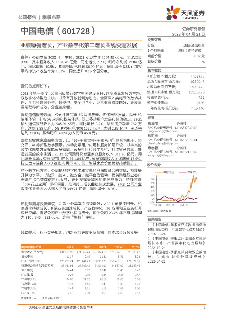 天风证券：中国电信（601728）-业绩稳健增长，产业<em>数<em>字化</em></em>第二增长曲线快速发展 海报