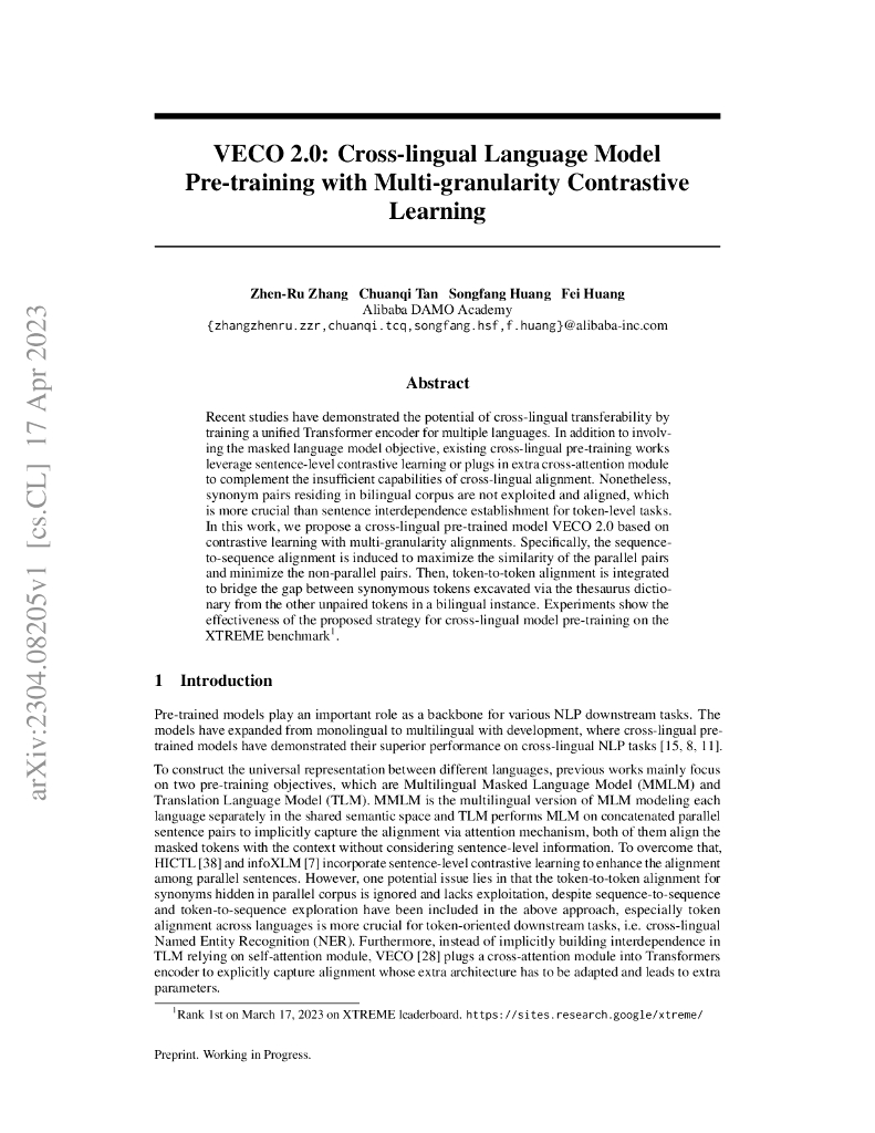 VECO 2.0:多粒度对比学习的跨语言语言模型预训练（英文版）