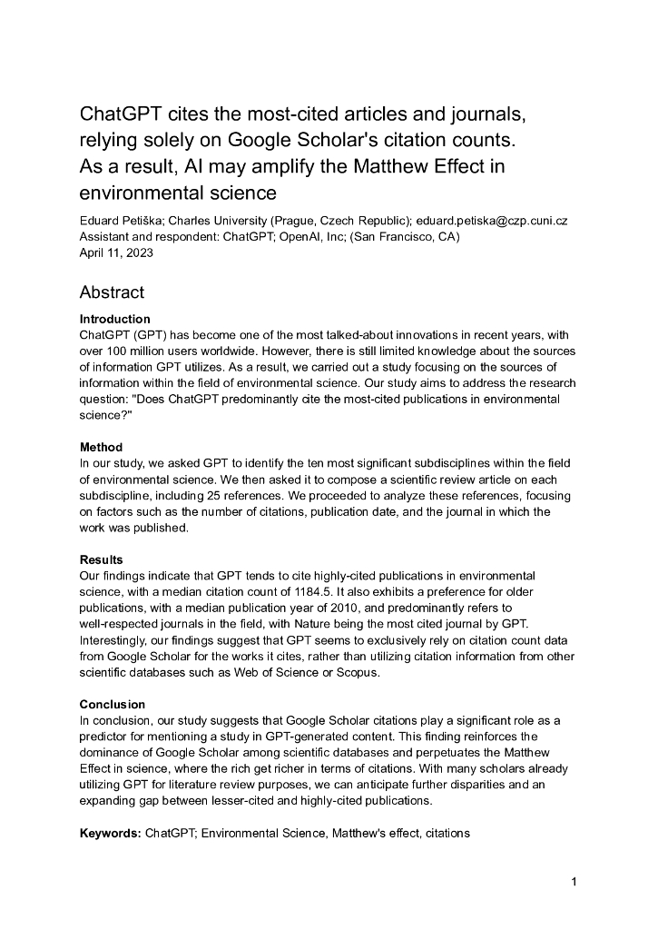 ChatGPT 依赖于 Google Scholar 的引用计数引用最有影响力的文章和期刊。结果，<em>人工智能</em>可能放大环境科学中的马太效应（英文版） 海报