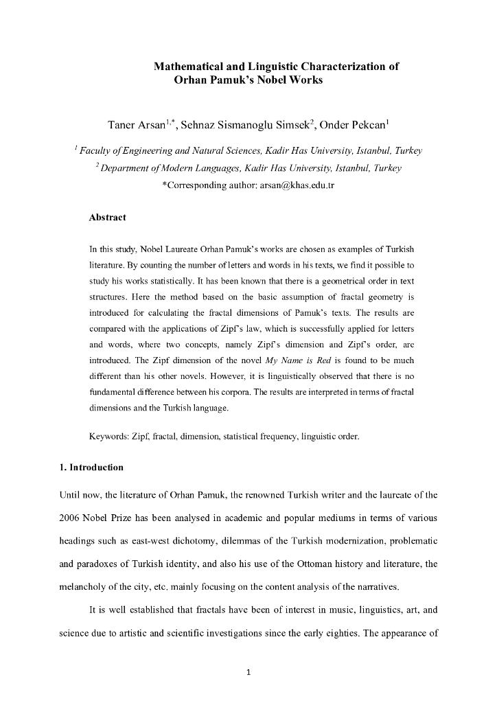 奥尔罕・帕慕克的诺贝尔作品的数学和语言特征描述（英文版）