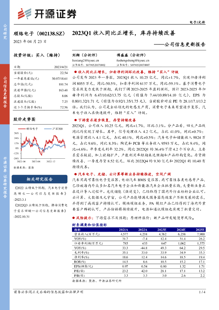 开源证券：顺络电子（002138）-公司信息更新报告：2023Q1收入同比正增长，库存持续改善