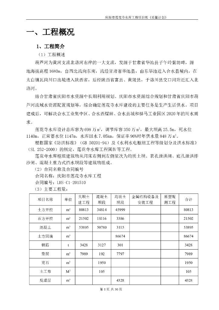 [莲花寺]水库工程项目部质量计划