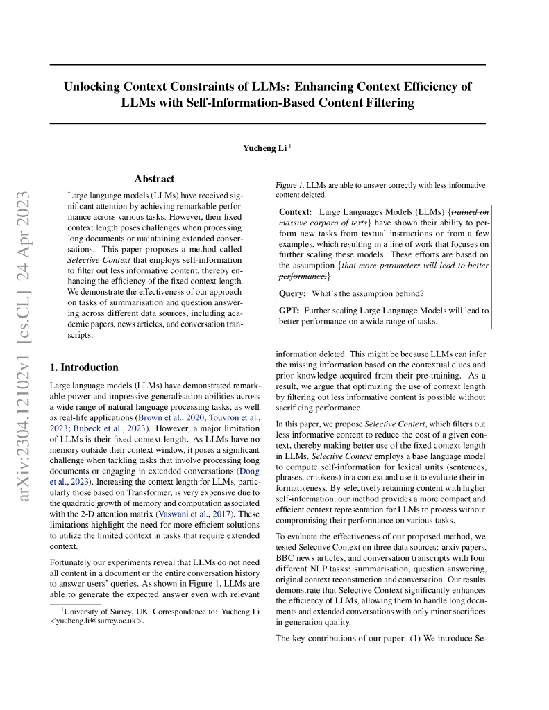 使用基于自信息的内容过滤增强 LLMs 的上下文效率：揭示 LLMs 的上下文约束（英文版）