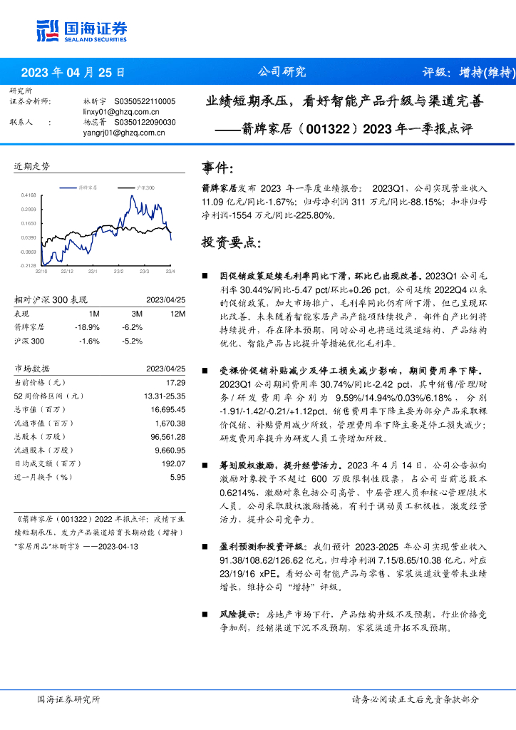国海证券：箭牌家居（001322）-2023年一季报点评：业绩短期承压，看好智能产品升级与渠道完善