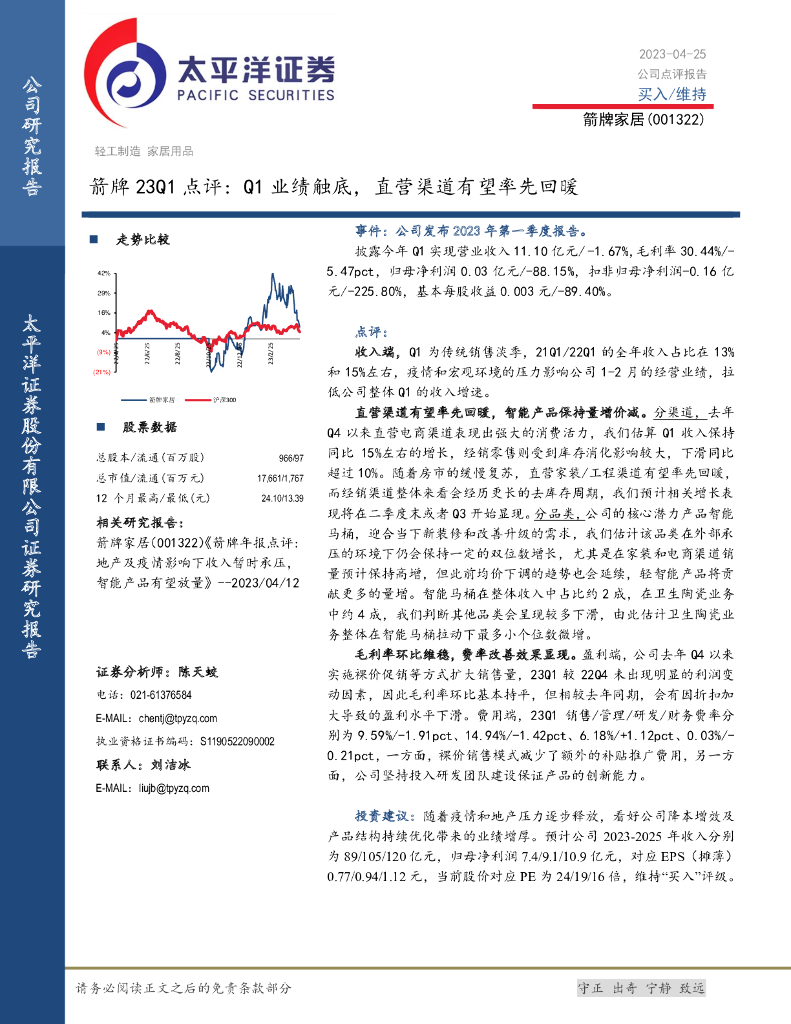 太平洋证券：箭牌家居（001322）-箭牌23Q1点评：Q1业绩触底，直营渠道有望率先回暖