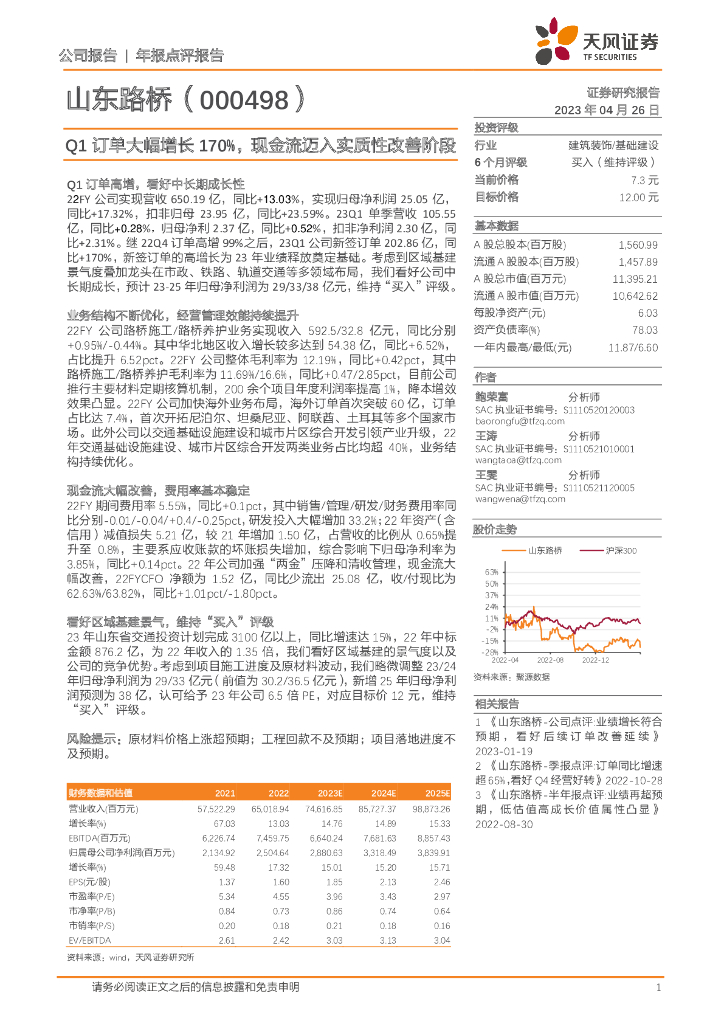 天风证券：山东路桥（000498）-Q1订单大幅增长170%，现金流迈入实质性改善阶段