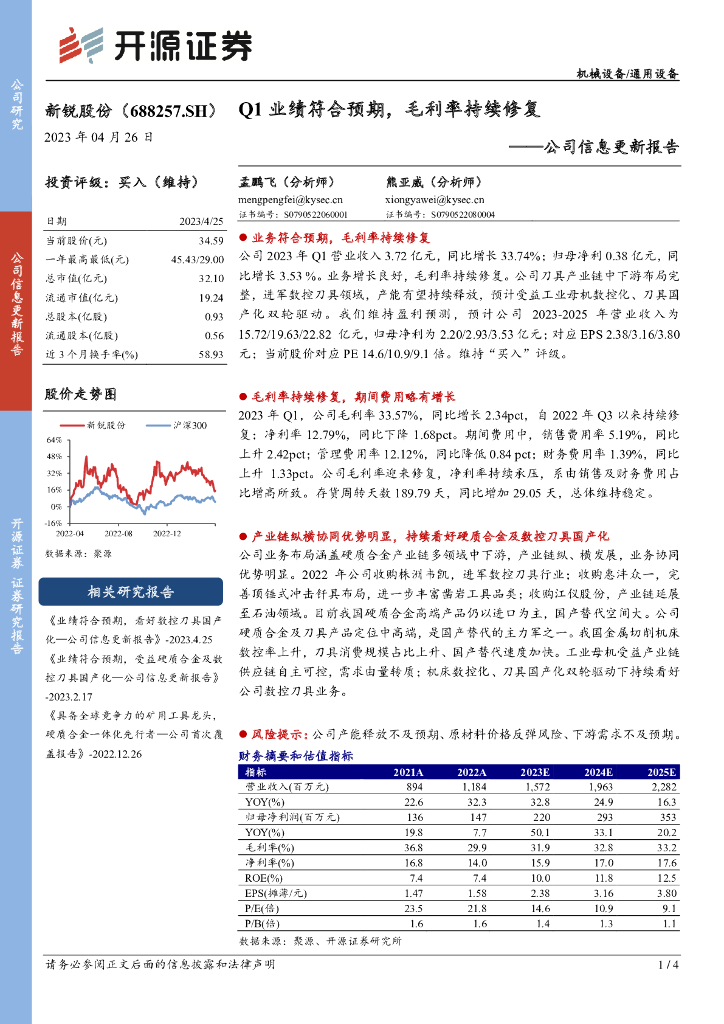 开源证券：新锐股份（688257）-公司信息更新报告：Q1业绩符合预期，毛利率持续修复
